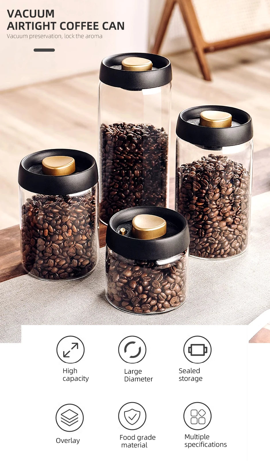 Vacuum-Sealed Glass Jar – Keeps Coffee, Tea & Grains Fresh!